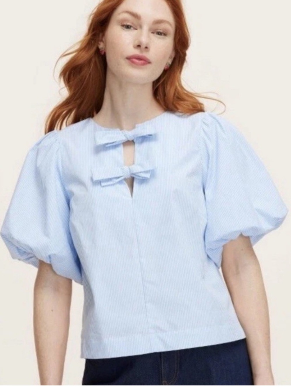 CeCe Light Blue & White Striped Puff-Sleeve Bow-Front Blouse